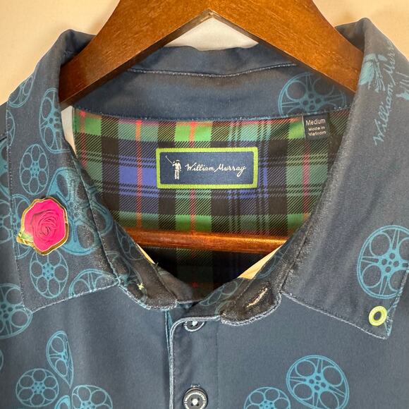 William Murray Men’s M Golf Polo Shirt Blue Movie Reel Print Stretch Performance - Picture 3 of 13